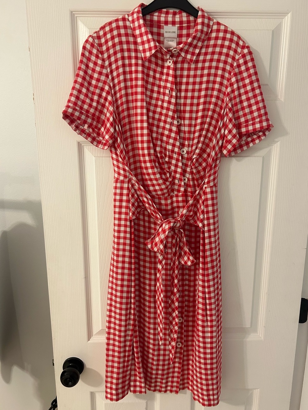Madeleine Red and White Gingham Button-Front Tie-Waist Midi Dress
